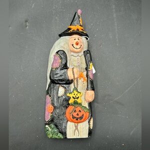 Halloween Witch Figurine with jack o lantern Pumpkin primitive carved wood